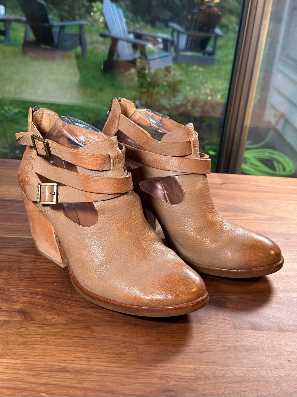 Kork-Ease Women’s 10 Brown Leather Cutout Ankle Booties Wrap Straps Block Heel